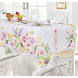 Newbridge Rectangle Fabric Tablecloth, 60 x 84 Inch, Blooming Petals, Easy Care and Stain Resistant Bordered Table Cover, Pink Green and Blue Floral Blooms