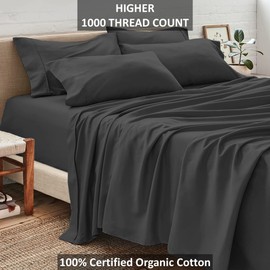 Neighbourhood Home 100% Real Certified Organic Cotton Bedsheet Set, King Size 6 Piece 1000 Thread Count Sheets Sets, Fits Mattress Upto 18" Deep Pocket - Dark Grey