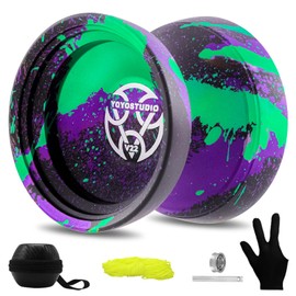 YOYOSTUDIO V22 Trick Yoyo Professional Responsive Yoyo for Kids 8-12, Metal Yo yo for Adults Kids with Unresponsive Yoyo Accessory Kit, 10 Yo-Yo Strings, Case & Glove - Black Green Purple