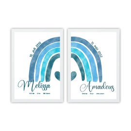 Mountiki® Regenbogen Geburtsposter 2er Set personalisiert | Kinderzimmer Geschwister Bild mit Geburtsdaten | Geschenk zur Geburt | Optional mit Rahmen (Blau)