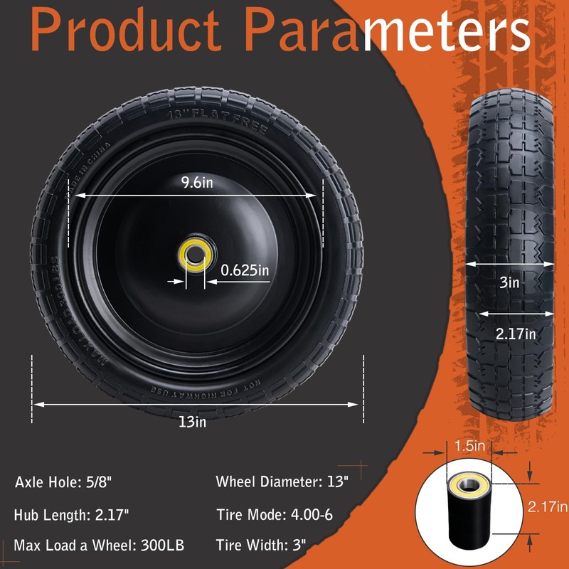ASDFGHT 13" Flat Free Wheels for Gorilla Cart, Wheelbarrow, Garden