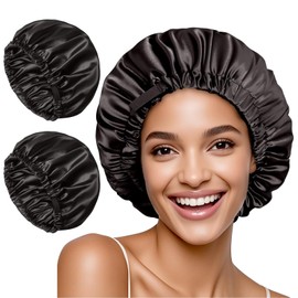 NVNAN Satin Bonnet for Sleeping,Adjustable Hair Bonnet for Sleeping,Double Layer Satin Lined Bonnet for Sleeping, Black-black, One Size
