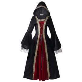 Colorful House Womens Medieval Renaissance Princess Retro Gown Cosplay Costume Dress(XX-Large,Black(hooded))