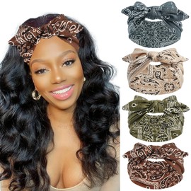 FULZTEY Bow Headbands for Women Wide Vintage Large Headwrap Elastic Non Slip Workout Sports Head Band Knotted Thick Turban Cotton Bandanas for Hair Accessories 4Pcs