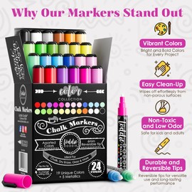 Loddie Doddie Chalk Markers - 24-Pack, 6mm Reversible Bullet & Chisel Tip - Dust-Free, Erasable Liquid Chalk Markers - Versatile for Windows, Glass & Chalkboard Surfaces