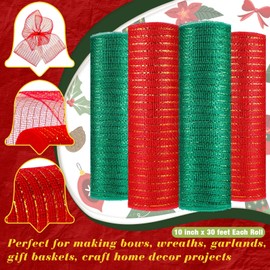 Juinte 4 Rolls Christmas Poly Mesh Ribbon Wreath 10 Inch x 30 Feet Red Green Metallic Wired Mesh Ribbon Roll and 100 Pieces Wreath Tube Cleaners Chenille Stems for Decoration DIY Crafts