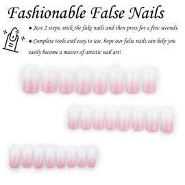 DMQ Square False Nails Medium, 24Pcs Pink Gradient French Tip Nude Press on Nails, Glossy Removable Fake Nails Glue on Nails with Glue, Acrylic Full Cover Stick on Nails for Women and Girls