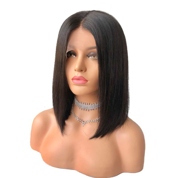 Cbwigs Glueless Shorts Bob Straight Lace Front Wig for Women 4.5 Inch Deep Parting Human Hair Wigs with Pre-Plucked Hairline Natural Colour 150% Density