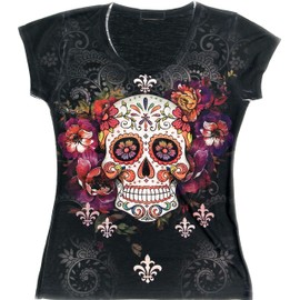 Sweet Gisele Woman Sugar Skull V-Neck T-Shirt Tee Beautiful Print Decorated with Sparkling Bling Rhinestones,Black,Small