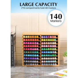 CKIU Bamboo Marker Organizer for Desk, Marker Storage Organizer for 140 Markers，Pens, Pencils and Art Brushes，Wooden marker holder for Home, Classroom and Office Decor,Bamboo