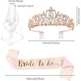 3 Pcs Bachelorette Party Decorations Bridal Shower Crown, Bride to Be Sash&Veil for Women Bachelorette Party Gifts(Rose Gold)