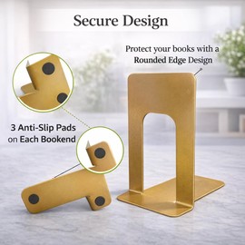 Alessk Dark Matte Gold Bookends for Shelves, Heavy Duty Metal Bookends Supports Heavy Books, Decorative Gold Stops for Home or Office Decoration - 3 Pairs (6 Pieces).