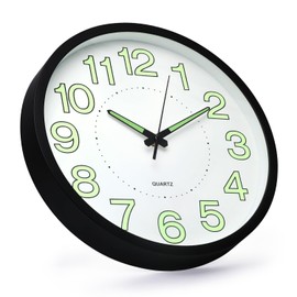 bakbrand Night Light Wall Clock 12 Inch Non-Ticking Silent Luminous Decor Clock White Round Glow in The Dark Battery Operated Wall Clocks for Home/Garage/Office/Living Room/Bedroom/Kitchen