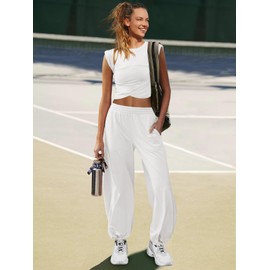 LAMISSCHE Womens Loungewear Set 2 Piece Outfits Sets Cropped Tops and Wide Leg Pants with Pockets Tracksuit(White,S)