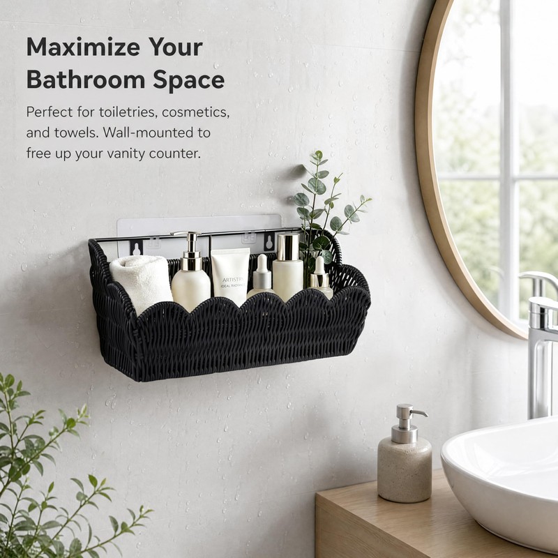 2 Pack Adhesive Plastic Wicker Hanging Storage Basket Scalloped Edge,Black