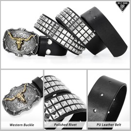 BELTROAD Western Punk Belt Cowboy Cowgirl Belt Studded Belt for Men Women with Western Buckle Black Goth Belt for Jeans