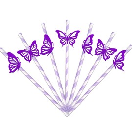 24Pcs Butterfly Paper Straws, Butterfly Birthday Party Decoration, Baby Girl Shower Decor, Floral Butterfly Baby Shower Decor, Butterfies Theme Birthday Bachelorette Wedding Supplies Purple Glitter