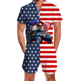 RAISEVERN 4th of July Mens Flag Romper American Eagle Bro Shorts Zipper Patriotic One Piece Star Stripes Overalls with Pockets Party Holiday XXL