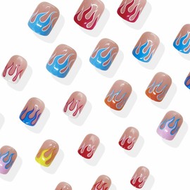 BABALAL Press on Nails Short Fake Nails Square Glue on Colorful Flame Gothic Acrylic Nails French Tip False Nails Art 24Pcs Squoval Glossy Full Cover Nails Supplie Y2k Nails for Women Girls kids