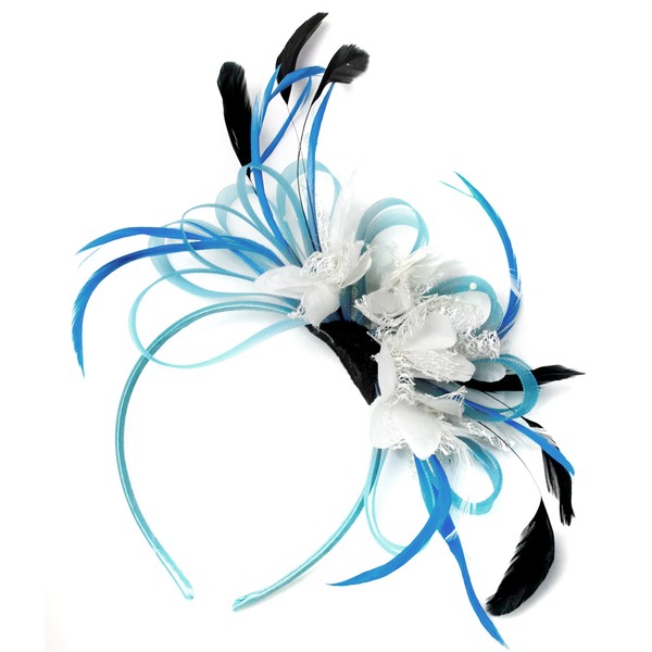 Aqua Cornflower Blue and White Net Hoop Feather Hair Fascinator Headband Wedding Royal Ascot Races