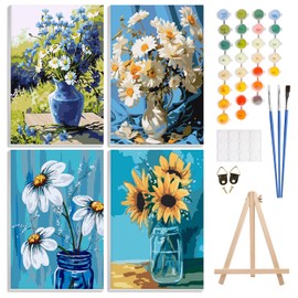 4 Pack Paint by Number Kit for Adults Framed Canvas, DIY Adult Paint by Number Kits with Easel, Acrylic Easy Paint by Numbers for Beginners, Flower Painting Arts and Crafts for Home Decor 8x12inch