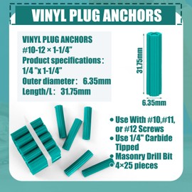 Lineshading 100 Pcs Expanding Plastic Concrete Anchors Screw Anchors Drywall Wall Expansion Pipe for Hollow Walls Tile Cement Bolt Expansion Tube (Green, 1/4" X 1-1/4" for #10,#11, or #12 Screws)