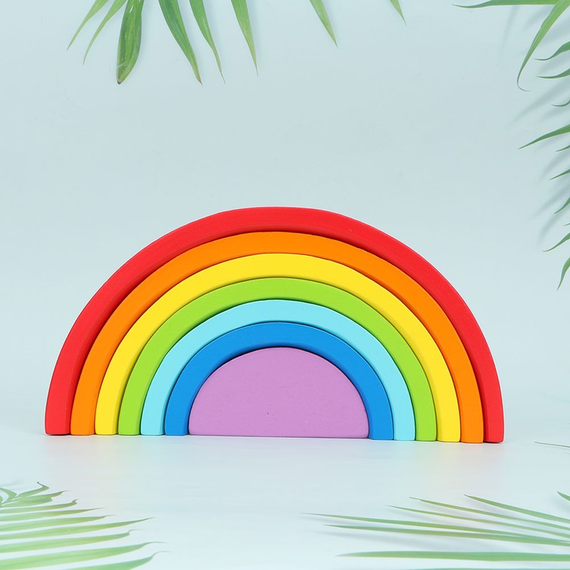 Wooden Rainbow Colored Arch Bridge Building Blocks DIY Assembly Educational
