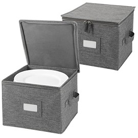China Storage Containers Inside 10" W x 8" H, Dinnerware Storage Box for Dishes Plate Storage with 24 Felt Dividers, Hold 24 Plates, Hard Shell and Stackable (2 Pack Grey)