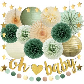 Sage Green Baby Shower Decorations Oh Baby Olive Green Baby Shower Decorations Neutral Gold Paper Lanterns Cream Tissue Paper Pom Poms with Oh Baby Banner Gold for Girls Boys