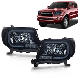 CROSSDESIGN LED Tube Projector Headlights Headlamps w/o Bulb Smoke Lens Black Housing Clear Reflector Compatible with Toyota Tacoma 2005-2011