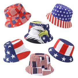HEYTOP 6 Pack Patriotic 4th of July Party Hats, American Flag Bucket Hats, USA Independence Day Patriotic Party Hats, Red White and Blue USA Party Hats Accessories, Reversible Bucket Hats for Outdoor