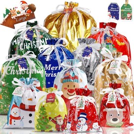 25Pcs Christmas Drawstring Gift Bags Set ‚Äì Assorted Sizes (Large/Small), 20 Festive Designs with Tags, Reusable Xmas Wrapping & Goody Bags for Presents & Party Favors:_25PCS