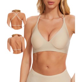 Jenbou Women's Low Back Bra Wirefree Seamless Bras Push Up Backless Bralette Multiway Convertible V Neck Straps Bra Nude