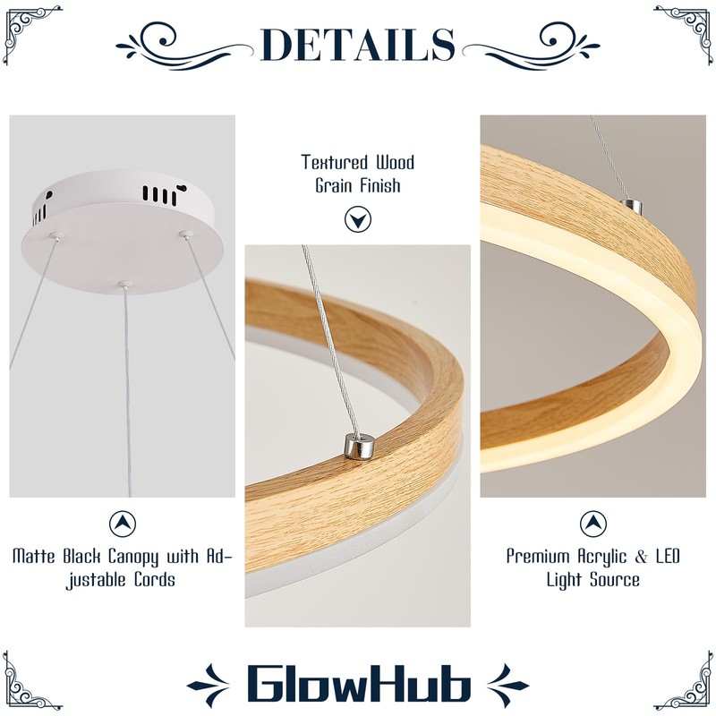 Ring Chandelier LED Wood Grain Round Chandeliers Modern Farmhouse Pendant