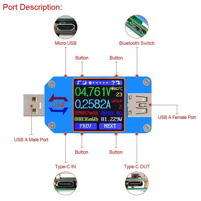 DollaTek UM25C USB Voltmeter, Bluetooth Type C USB Tester Meter