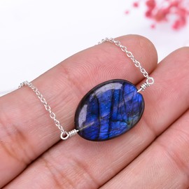 GEMKORA Natural Real Labradorite Crystals Horizontal Pendant Necklace, Polished Birthstone, Healing Tumble Gemstone, Birthday, Christmas Day Gift Jewelry, 925 Sterling Silver Jewellery 18 inch
