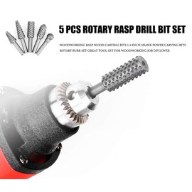 5 PCS Rotary Drill Bit Set Woodworking Rasp Wood Carving Bits 1/4” Shank Power Carving Bits Rotary Burr Set