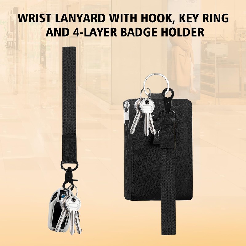 Double-Sided Zipper Badge Holder with Clear ID Window, Wrist Lanyard,