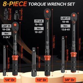 Upgraded Torque Wrench Set 8PCS, 1/4 3/8 1/2 inch Drive Click Torque Wrench, 10-230in.lb, 5-50ft.lb, 10-180ft.lb, 72-Tooth Dual Scale, ±3% Accuracy, 5 Adapters, for Bike, Moto, Car Repair and Maint