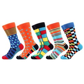 WeciBor 5 Pairs Men's Funny Colourful Casual Novelty Combed Cotton Socks, Red-Orange/Blue/Multicolor Geometric-5M