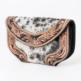 Merbaa Women Cowhide Hairon and Tooled Leather Western Handmade Ladies Clutch Trifold Wallet