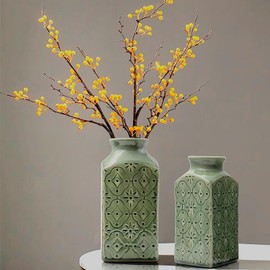 LIZOFER Modern Ceramic Vase Set of 2 for Living Room Bedroom 9.3'' and 7.9'' Flower Vases for Home Decor Office Centerpieces Vintage Antique Green Farmhouse Rustic Minimalist Gift for Fake Plant