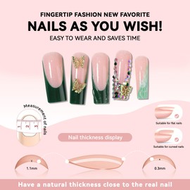 HOSAILY Green French Tip Press on Nails Long Square, 3D Gold Butterfly Charms Designs Rhinestone Glitter Sparkly Glue on Nails, 24Pcs Glossy Soft Gel Nude Full Cover Fake False Nails Gift for Women