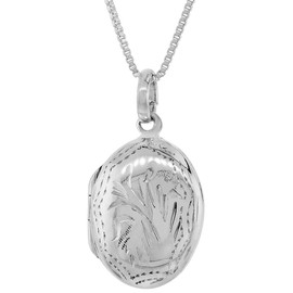 Small 9/16 inch Sterling Silver Engraved Oval Locket Necklace for Women Handmade 24 inch BXR_120