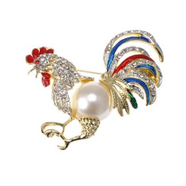 Alilang Womens Gold Tone Clear Rhinestones Faux Pearl Rooster Chicken Brooch Pin