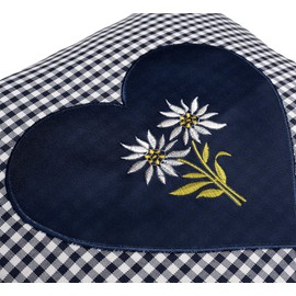 Swiss pine cushion embroidered with heart and edelweiss blue chequered size 40 x 40 cm filled with pine flakes from Alpine pine wood in extra ticking