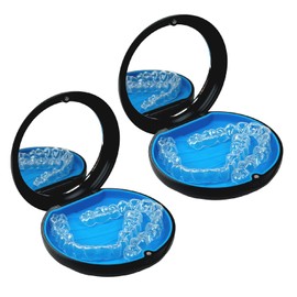 Maoerdental 2 Pack Aligner Case with Mirror,Convenient Retainer Case for Invisalign Aligners, Night Guards, and Mouth Guards (2PCS Black Outside Blue Silicone)