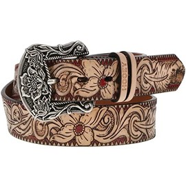 HOOEY Women's Original Embossed Floral Filigree Western Belt Brown Large