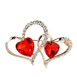 Valentine's Day Brooch Pin Gift Dainty Crystal Love Heart Lapel Pin Red Love Heart Brooches Hollow Heart Rhinestone Pin Women Girls Party Wedding Festivals Clothes Decors (double heart with red stone)