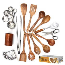 Kitchen Utensils Set - 25 pcs Wooden Utensils Set - Nonstick Wooden Spoons for Cooking - Wooden Kitchen Utensils set with Measuring Cups and Spoons Set - Kitchen Shears - Apartment Essentials